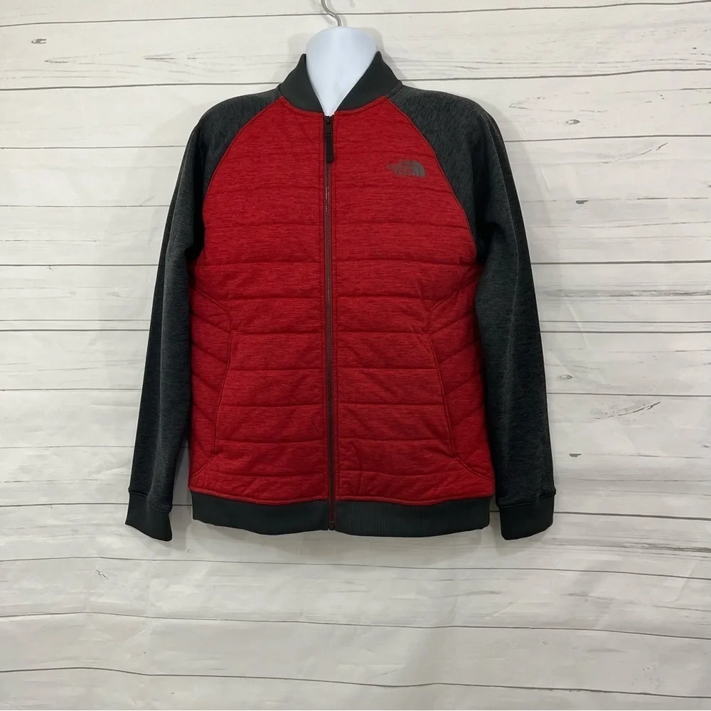 The North Face Red Gray Zipper Quilted Bomber Insulated Jacket